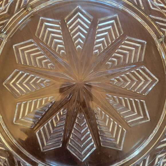 Vintage Clear Glass Serving Plate With Geometric Starburst Design - Picture 2 of 5